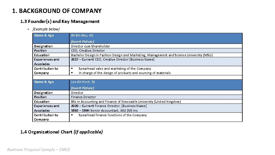 1. BACKGROUND OF COMPANY 1. 3 Founder(s) and Key Management • [Example below] Name