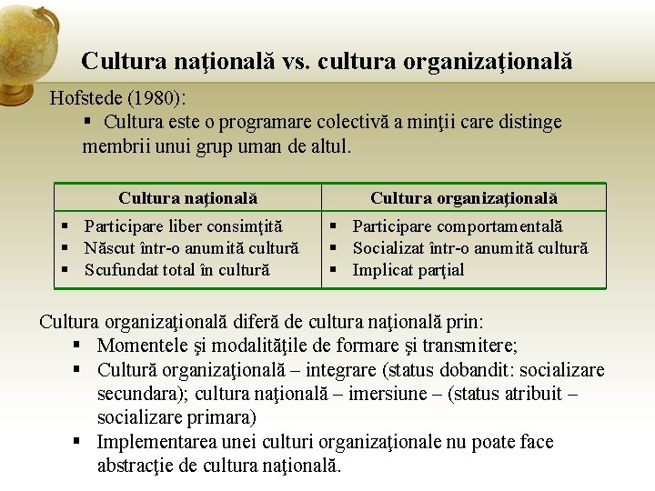 Cultura naţională vs. cultura organizaţională Hofstede (1980): § Cultura este o programare colectivă a