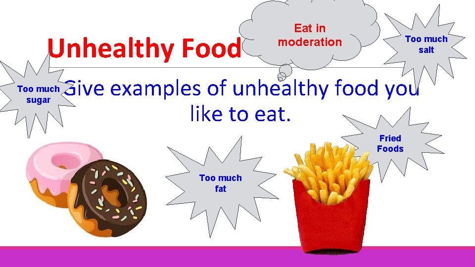 Unhealthy Food Too much sugar Eat in moderation Too much salt Give examples of