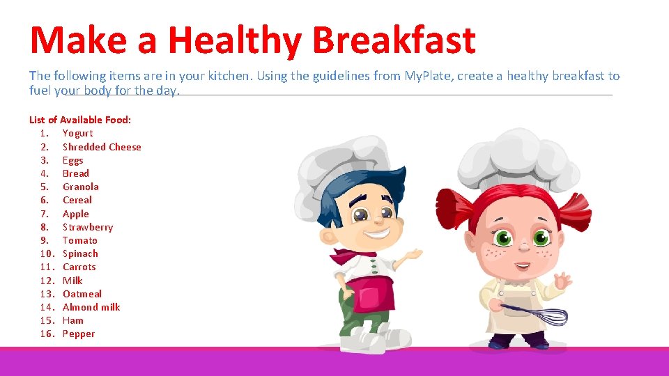 Make a Healthy Breakfast The following items are in your kitchen. Using the guidelines