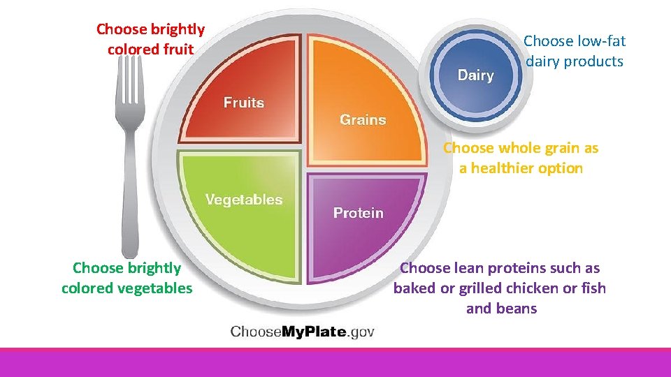 Choose brightly colored fruit Choose low-fat dairy products Choose whole grain as a healthier