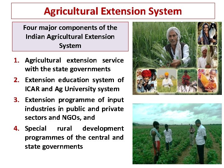 Agricultural Extension System Four major components of the Indian Agricultural Extension System 1. Agricultural