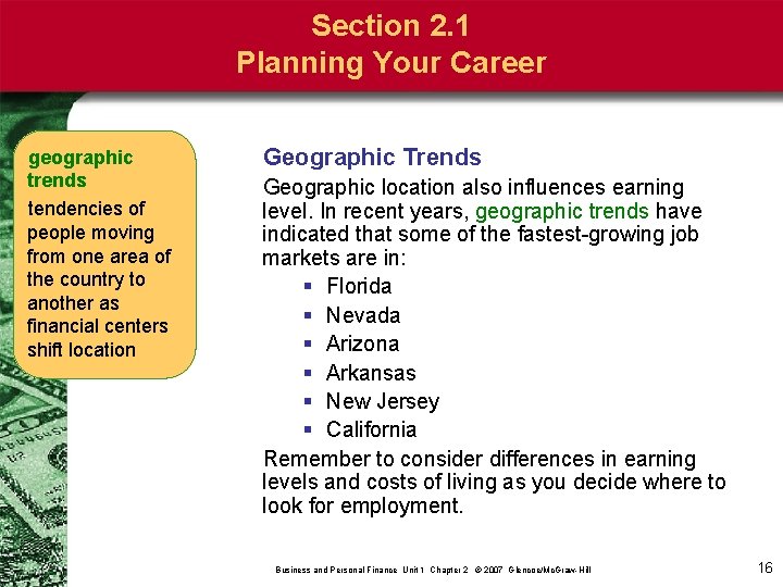 Section 2. 1 Planning Your Career geographic trends tendencies of people moving from one