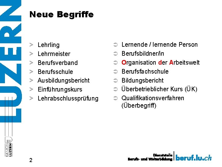 Neue Begriffe > > > > 2 Lehrling Lehrmeister Berufsverband Berufsschule Ausbildungsbericht Einführungskurs Lehrabschlussprüfung