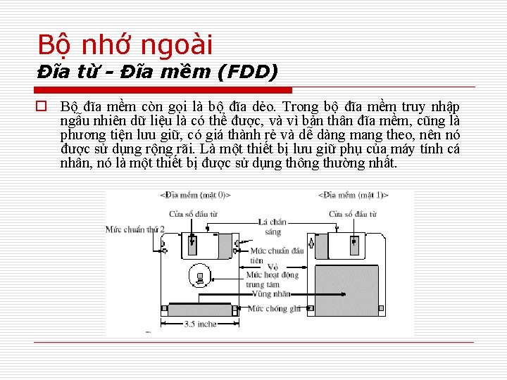 Bộ nhớ ngoài Đĩa từ - Đĩa mềm (FDD) o Bộ đĩa mềm còn