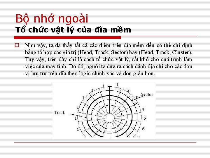 Bộ nhớ ngoài Tổ chức vật lý của đĩa mềm o Như vậy, ta