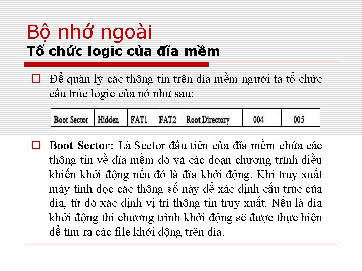 Bộ nhớ ngoài Tổ chức logic của đĩa mềm o Để quản lý các