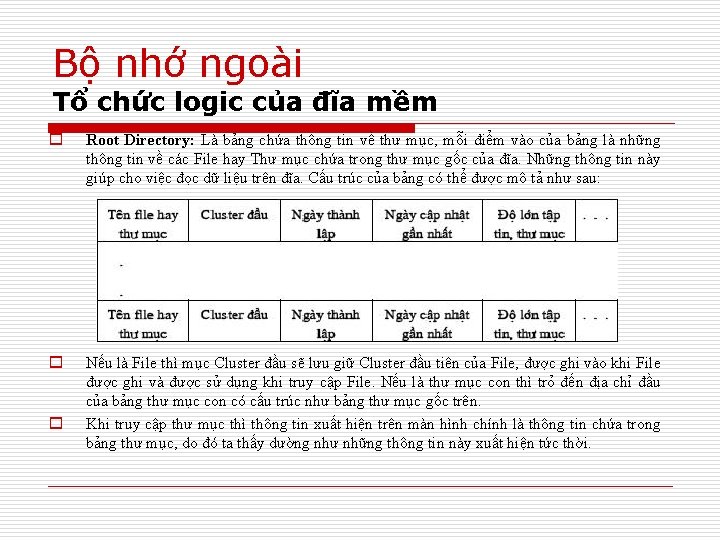 Bộ nhớ ngoài Tổ chức logic của đĩa mềm o Root Directory: Là bảng