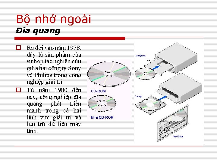 Bộ nhớ ngoài Đĩa quang o Ra đời vào năm 1978, đây là sản