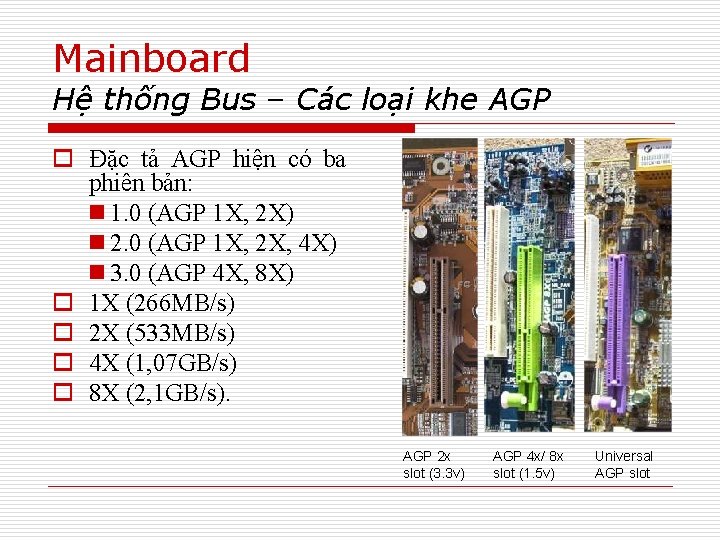 Mainboard Hệ thống Bus – Các loại khe AGP o Đặc tả AGP hiện