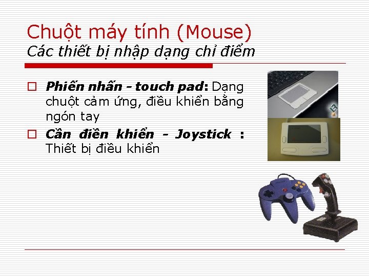 Chuột máy tính (Mouse) Các thiết bị nhập dạng chỉ điểm o Phiến nhấn