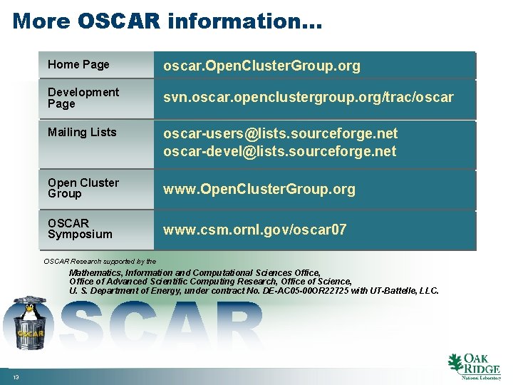 More OSCAR information… Home Page oscar. Open. Cluster. Group. org Development Page svn. oscar.