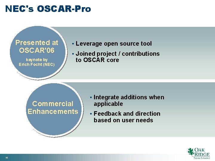 NEC's OSCAR-Pro Presented at OSCAR'06 keynote by Erich Focht (NEC) • Leverage open source