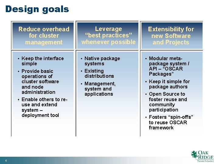 Design goals 5 Reduce overhead for cluster management Leverage “best practices” whenever possible •