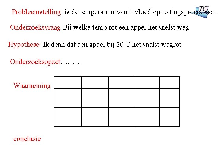 Probleemstelling is de temperatuur van invloed op rottingsproccessen Onderzoeksvraag Bij welke temp rot een