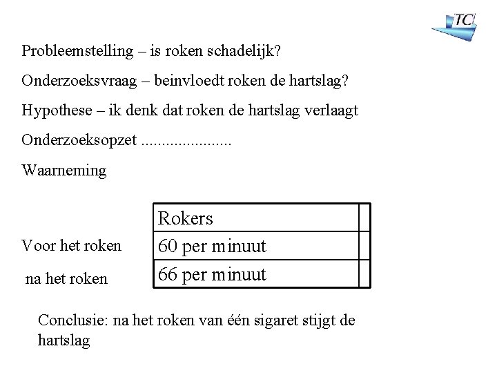 Probleemstelling – is roken schadelijk? Onderzoeksvraag – beinvloedt roken de hartslag? Hypothese – ik