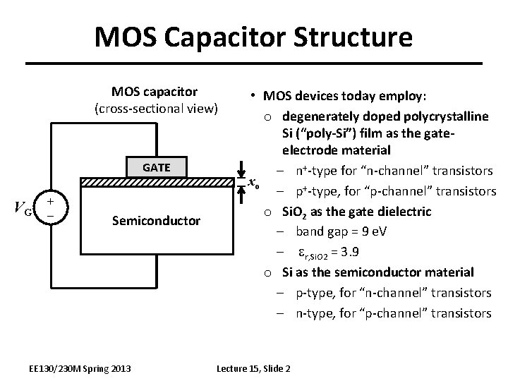 MOS Capacitor Structure MOS capacitor (cross-sectional view) GATE VG + _ Semiconductor EE 130/230