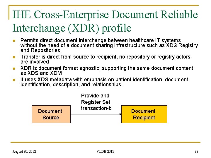 IHE Cross-Enterprise Document Reliable Interchange (XDR) profile n n Permits direct document interchange between