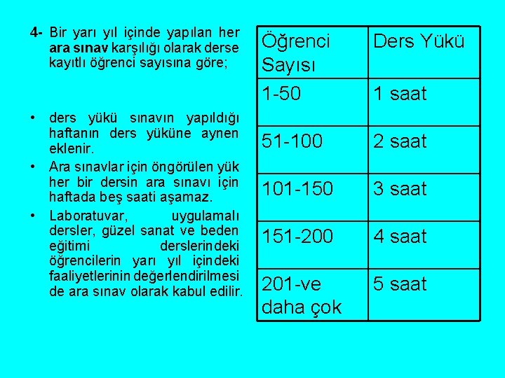 4 - Bir yarı yıl içinde yapılan her ara sınav karşılığı olarak derse kayıtlı