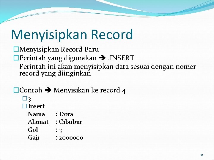 Menyisipkan Record �Menyisipkan Record Baru �Perintah yang digunakan . INSERT Perintah ini akan menyisipkan