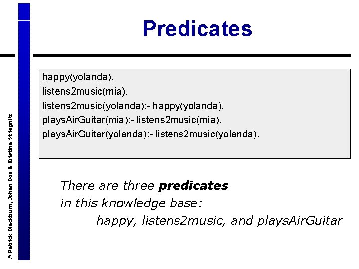 © Patrick Blackburn, Johan Bos & Kristina Striegnitz Predicates happy(yolanda). listens 2 music(mia). listens