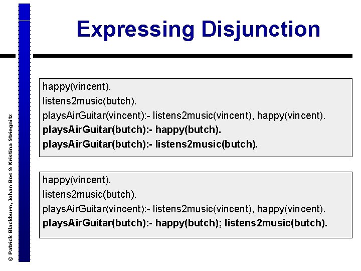 © Patrick Blackburn, Johan Bos & Kristina Striegnitz Expressing Disjunction happy(vincent). listens 2 music(butch).