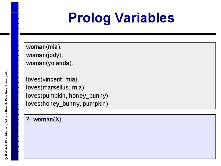 Prolog Variables © Patrick Blackburn, Johan Bos & Kristina Striegnitz woman(mia). woman(jody). woman(yolanda). loves(vincent,