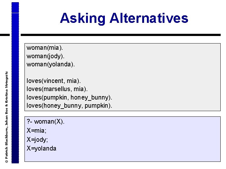 Asking Alternatives © Patrick Blackburn, Johan Bos & Kristina Striegnitz woman(mia). woman(jody). woman(yolanda). loves(vincent,