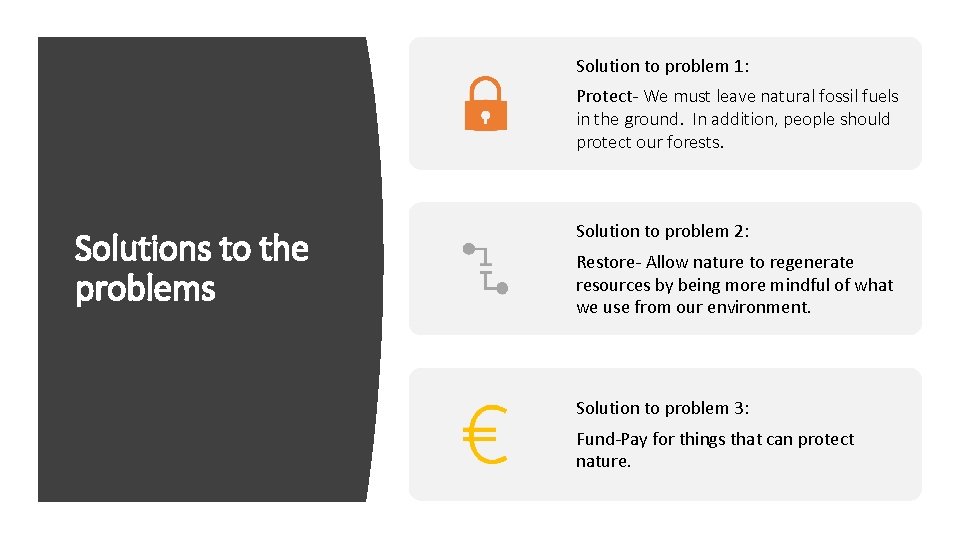 Solution to problem 1: Protect- We must leave natural fossil fuels in the ground.