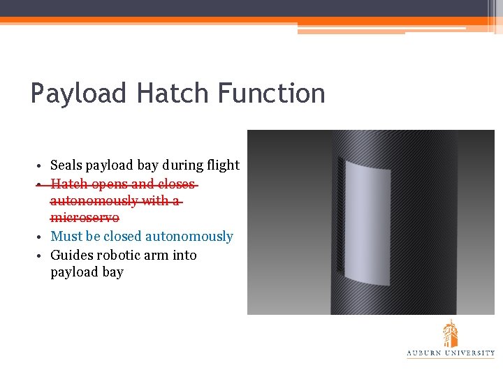 Payload Hatch Function • Seals payload bay during flight • Hatch opens and closes