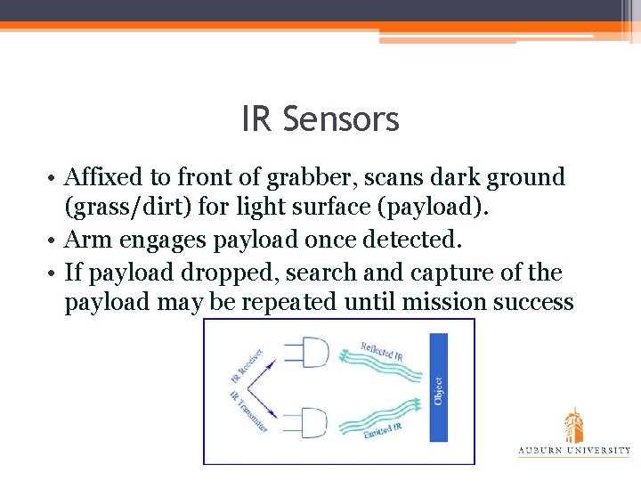 IR Sensors • Affixed to front of grabber, scans dark ground (grass/dirt) for light