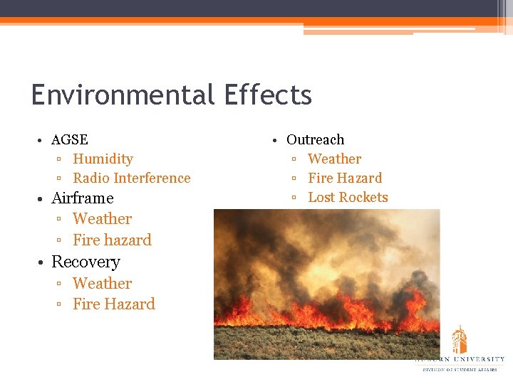 Environmental Effects • AGSE ▫ Humidity ▫ Radio Interference • Airframe ▫ Weather ▫