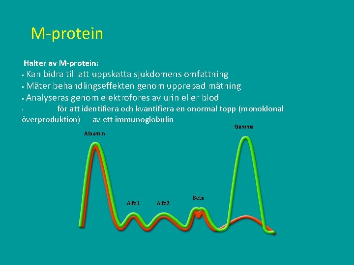 M-protein Halter av M-protein: Kan bidra till att uppskatta sjukdomens omfattning § Mäter behandlingseffekten