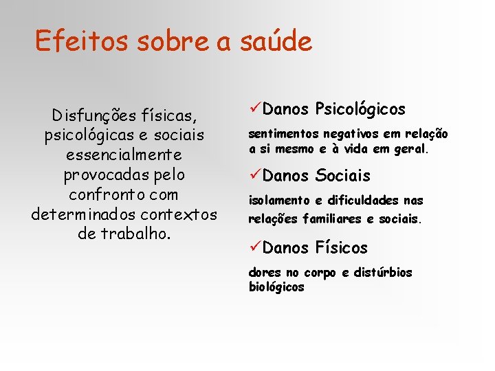 Efeitos sobre a saúde Disfunções físicas, psicológicas e sociais essencialmente provocadas pelo confronto com