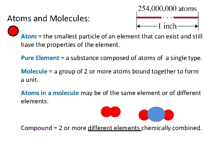 Atoms and Molecules: Atom = the smallest particle of an element that can exist