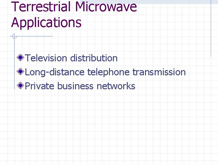 Terrestrial Microwave Applications Television distribution Long-distance telephone transmission Private business networks 