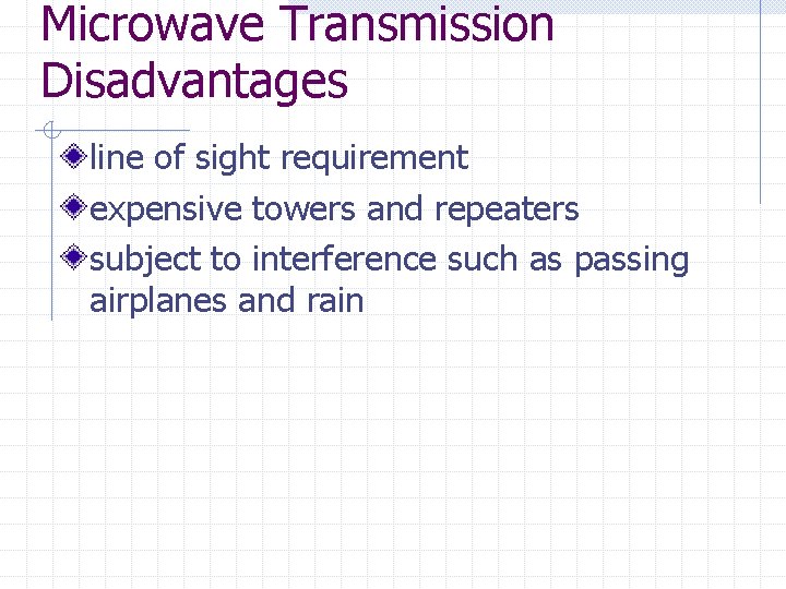 Microwave Transmission Disadvantages line of sight requirement expensive towers and repeaters subject to interference