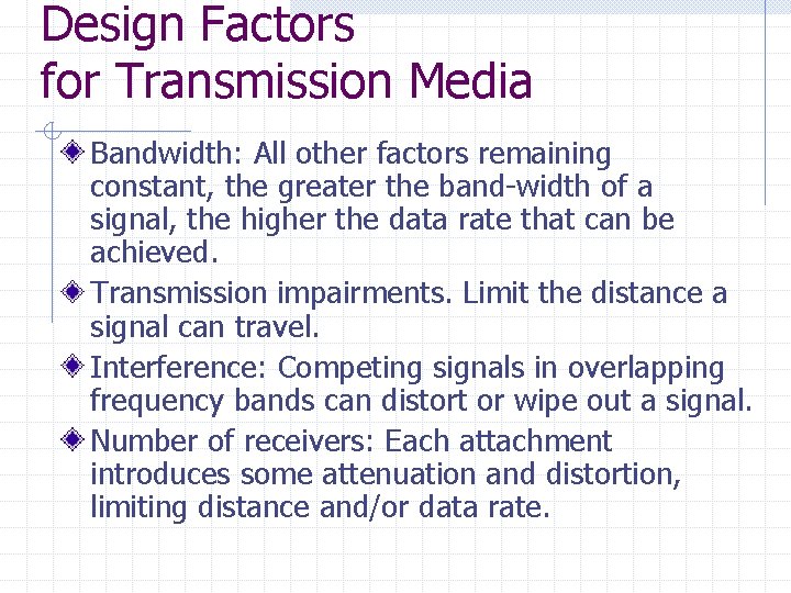 Design Factors for Transmission Media Bandwidth: All other factors remaining constant, the greater the