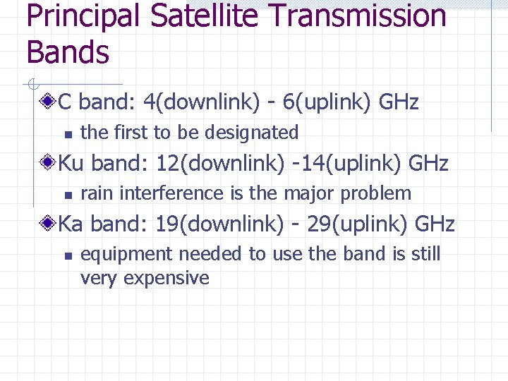 Principal Satellite Transmission Bands C band: 4(downlink) - 6(uplink) GHz n the first to