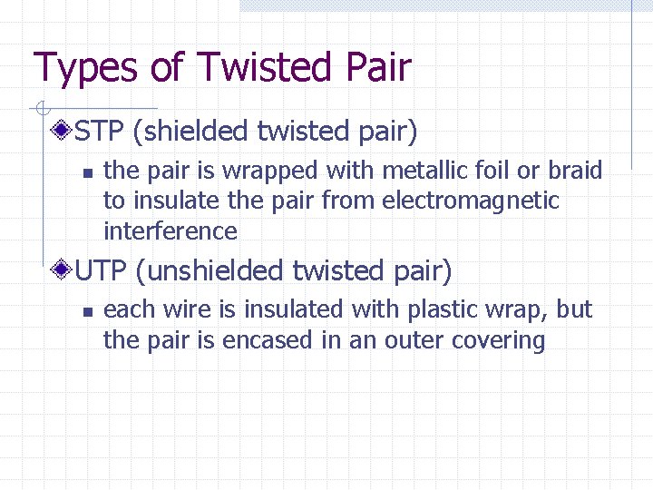 Types of Twisted Pair STP (shielded twisted pair) n the pair is wrapped with