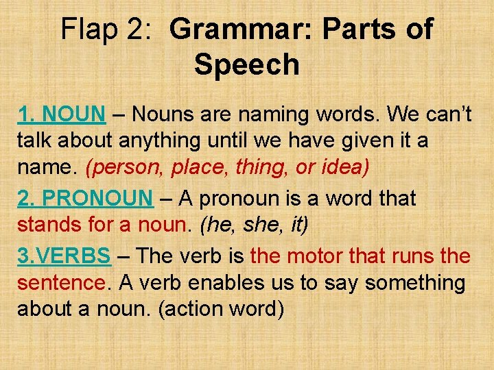 Flap 2: Grammar: Parts of Speech 1. NOUN – Nouns are naming words. We