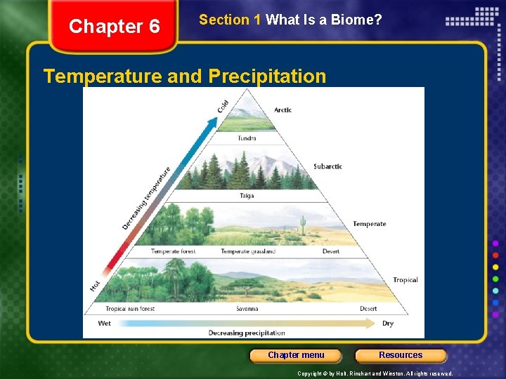 Chapter 6 Section 1 What Is a Biome? Temperature and Precipitation Chapter menu Resources