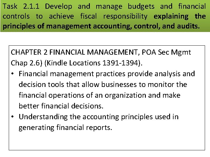 Task 2. 1. 1 Develop and manage budgets and financial controls to achieve fiscal