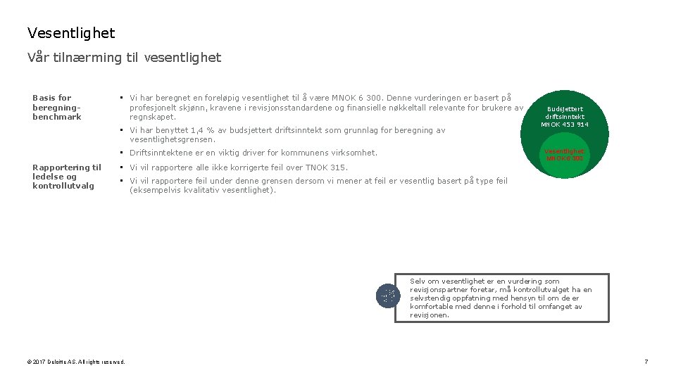 Vesentlighet Vår tilnærming til vesentlighet Basis for beregningbenchmark • Vi har beregnet en foreløpig
