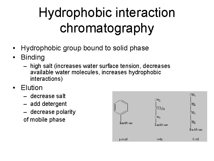 Hydrophobic interaction chromatography • Hydrophobic group bound to solid phase • Binding – high
