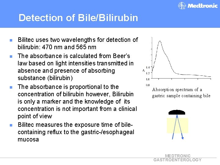 Detection of Bile/Bilirubin n n Bilitec uses two wavelengths for detection of bilirubin: 470