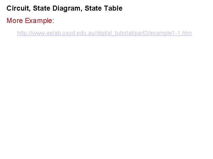 Circuit, State Diagram, State Table More Example: http: //www. eelab. usyd. edu. au/digital_tutorial/part 3/example Circuit, State Diagram, State Table More Example: http: //www. eelab. usyd. edu. au/digital_tutorial/part 3/example