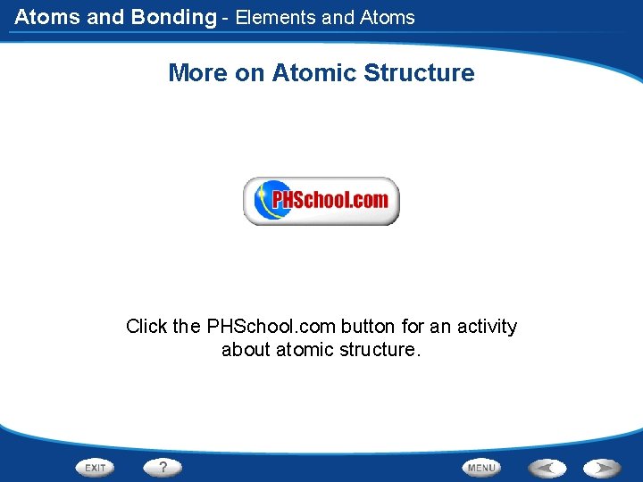 Atoms and Bonding - Elements and Atoms More on Atomic Structure Click the PHSchool.