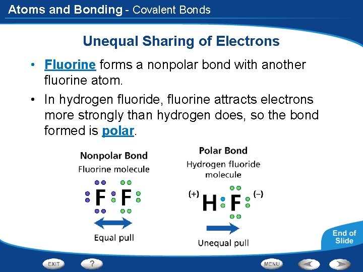 Atoms and Bonding - Covalent Bonds Unequal Sharing of Electrons • Fluorine forms a