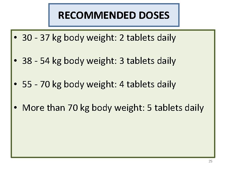 RECOMMENDED DOSES • 30 - 37 kg body weight: 2 tablets daily • 38